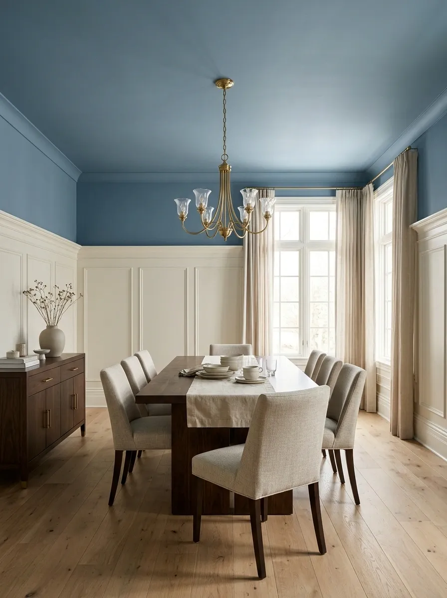 Blue Ceiling Connected to a Two-Tone Dining Room