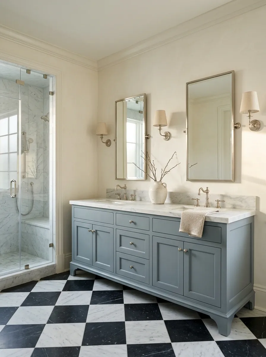 Blue-Gray Farmhouse Bathroom With a Furniture-Style Vanity