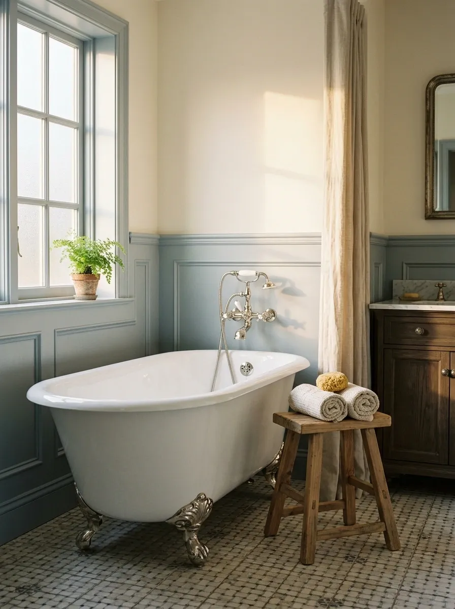 Blue-Gray Wainscoting With a Traditional Freestanding Tub