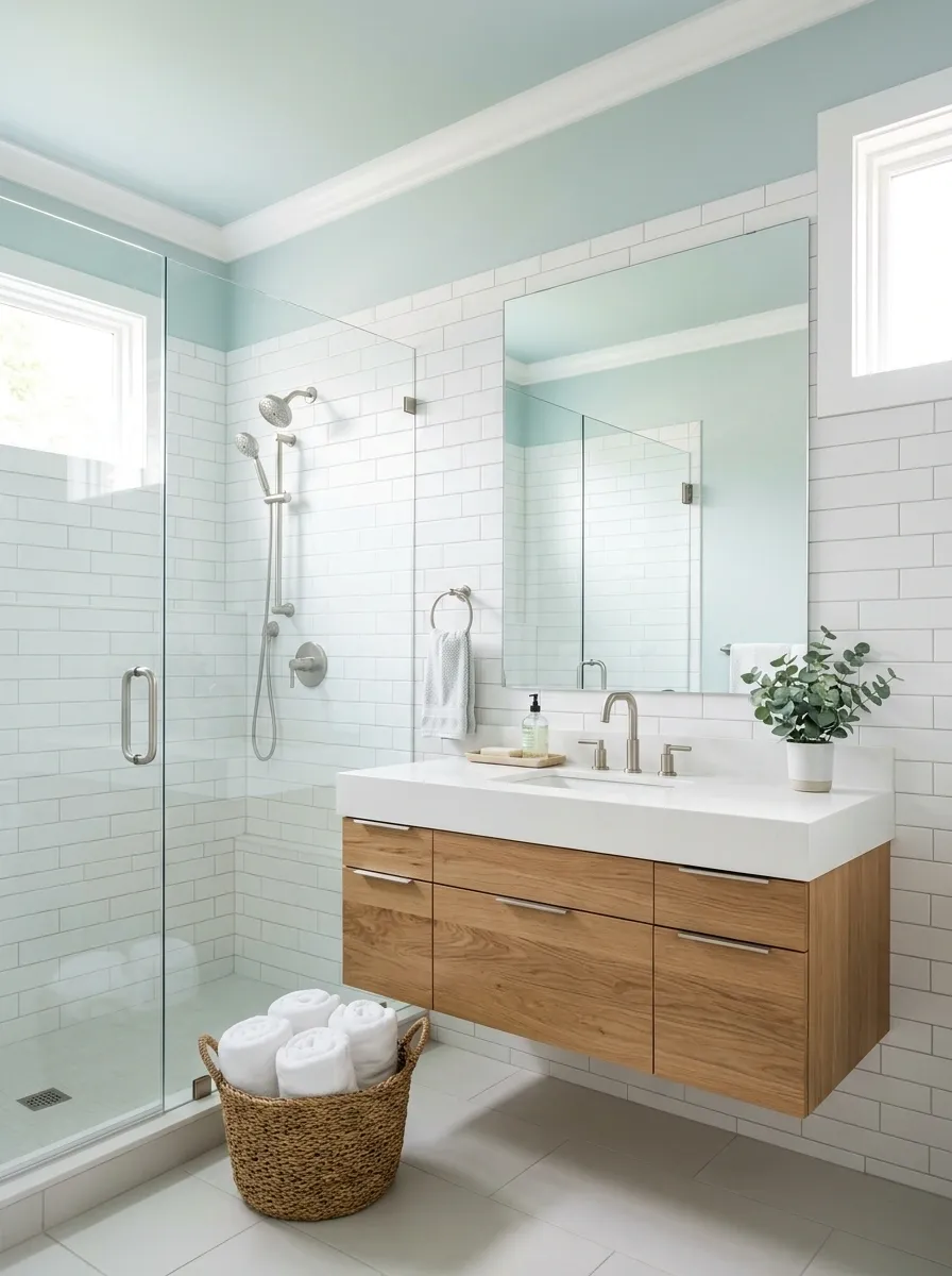 Blue-Green Ceiling in a Bright Tiled Bathroom