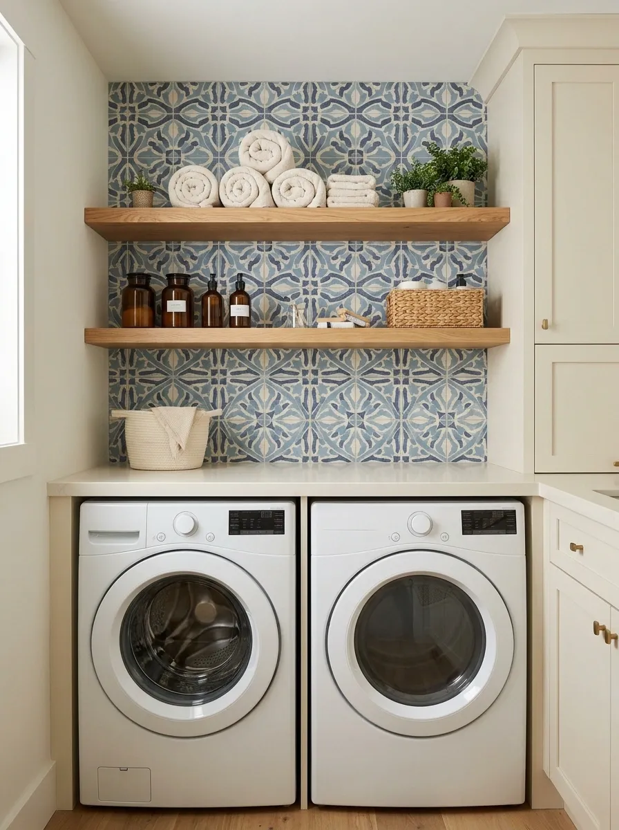 Blue Patterned Backsplash With Warm Wood Shelves