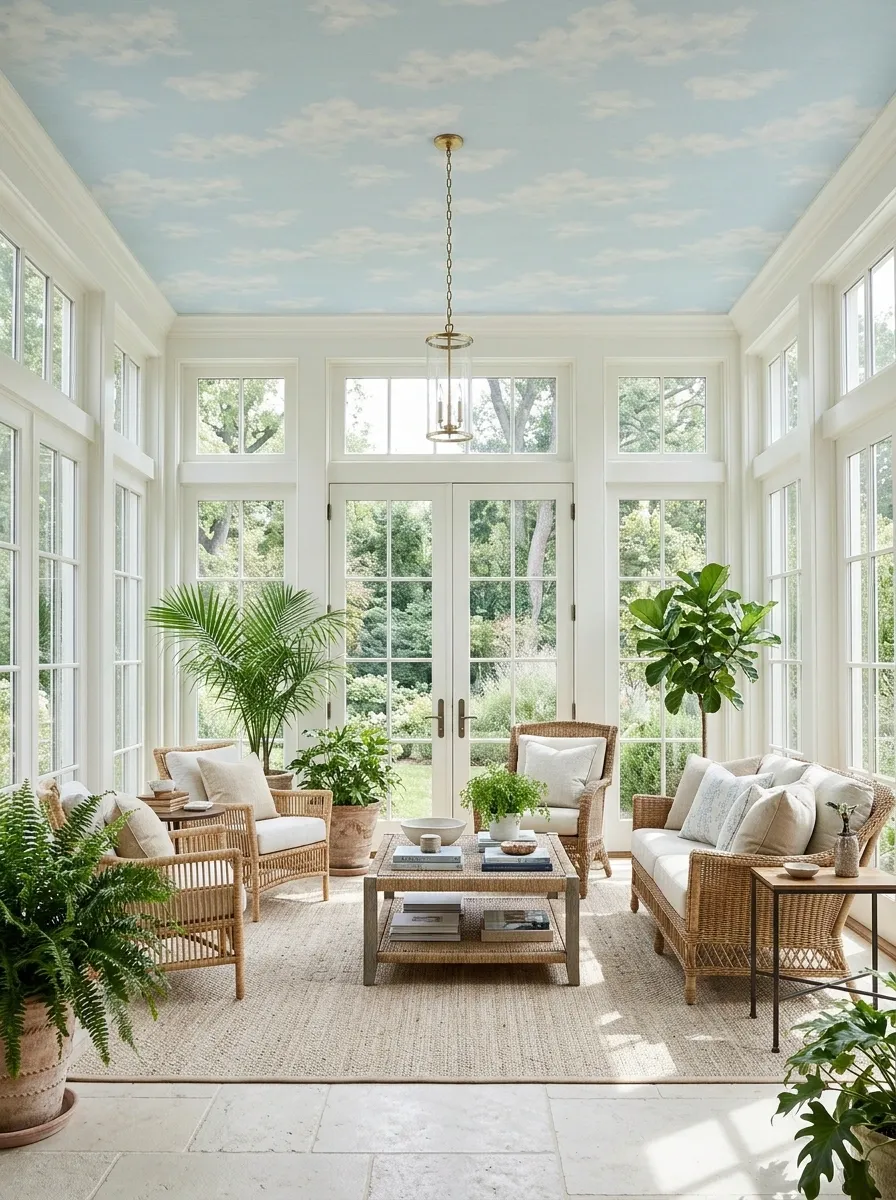 Blue Sky Ceiling Wallpaper in a Light-Filled Sunroom