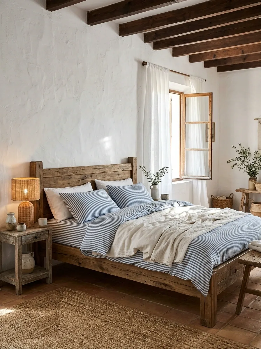 Blue Stripes and White Bedding With Rustic Mediterranean Timber