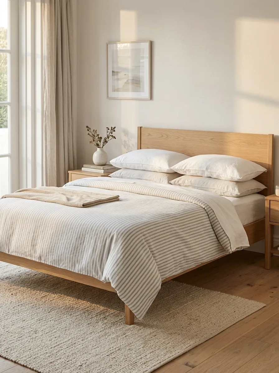 Blue Ticking Stripes With Plain White Pillowcases