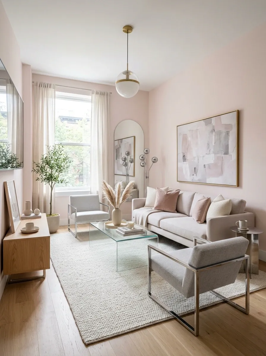 Blush and Chrome Apartment With Sleek Furniture and Glass Details