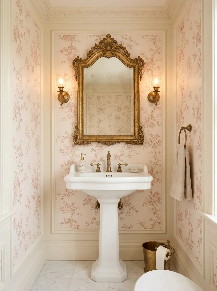 Blush Floral Wallpaper With Vintage Gold Details