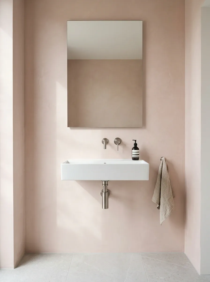 Blush Microcement Wall With Seamless Contemporary Fixtures