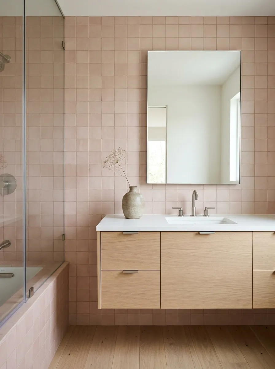 Blush Pink Tile With Pale Oak Cabinetry