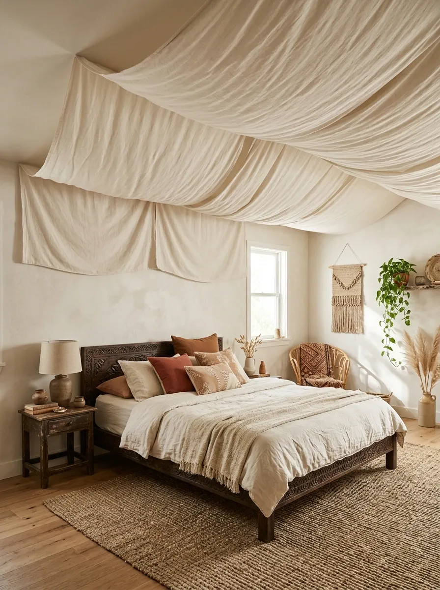 Bohemian Bedroom With Layered Natural Fabric Drapes