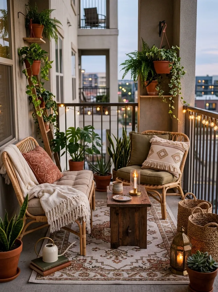 Bohemian Patio With Layered Textiles, Woven Furniture, and Warm Lighting