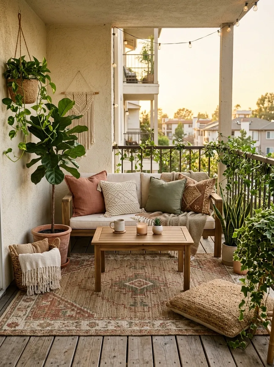 Boho Balcony With a Low Sofa, Rug, and Layered Textiles