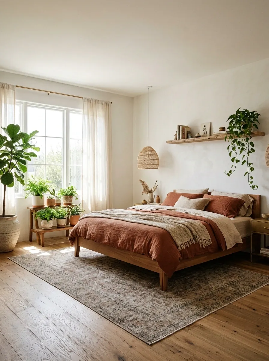 Boho Bedroom With Terracotta, Rattan, and Lush Greenery