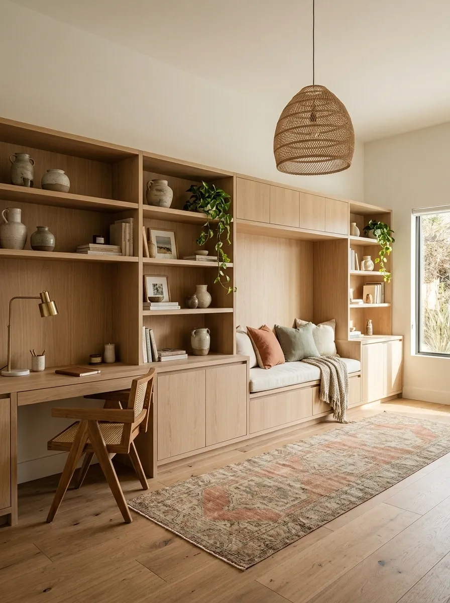 Boho Office With a Built-In Bench and Desk