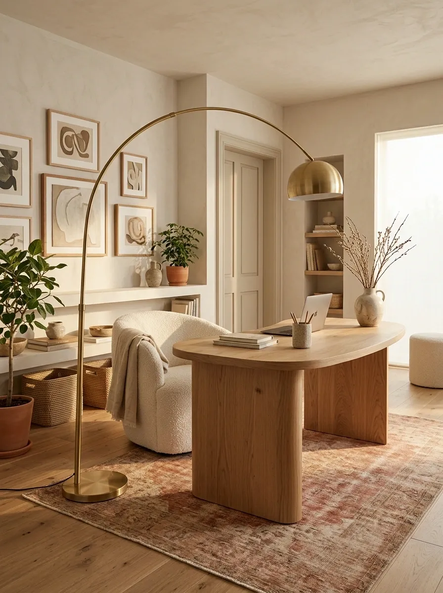 Boho Office With a Curved Desk and Soft Forms