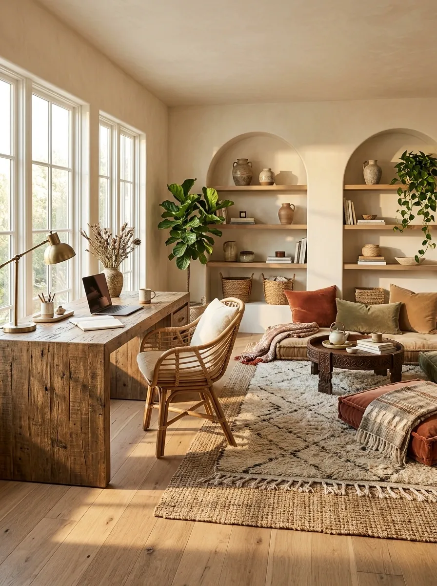 Boho Office With a Floor-Level Lounge Area