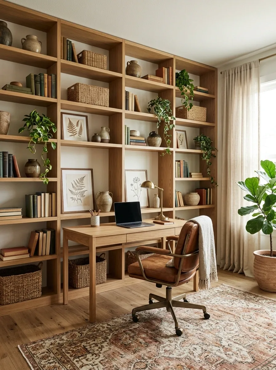 Boho Office With a Library Wall