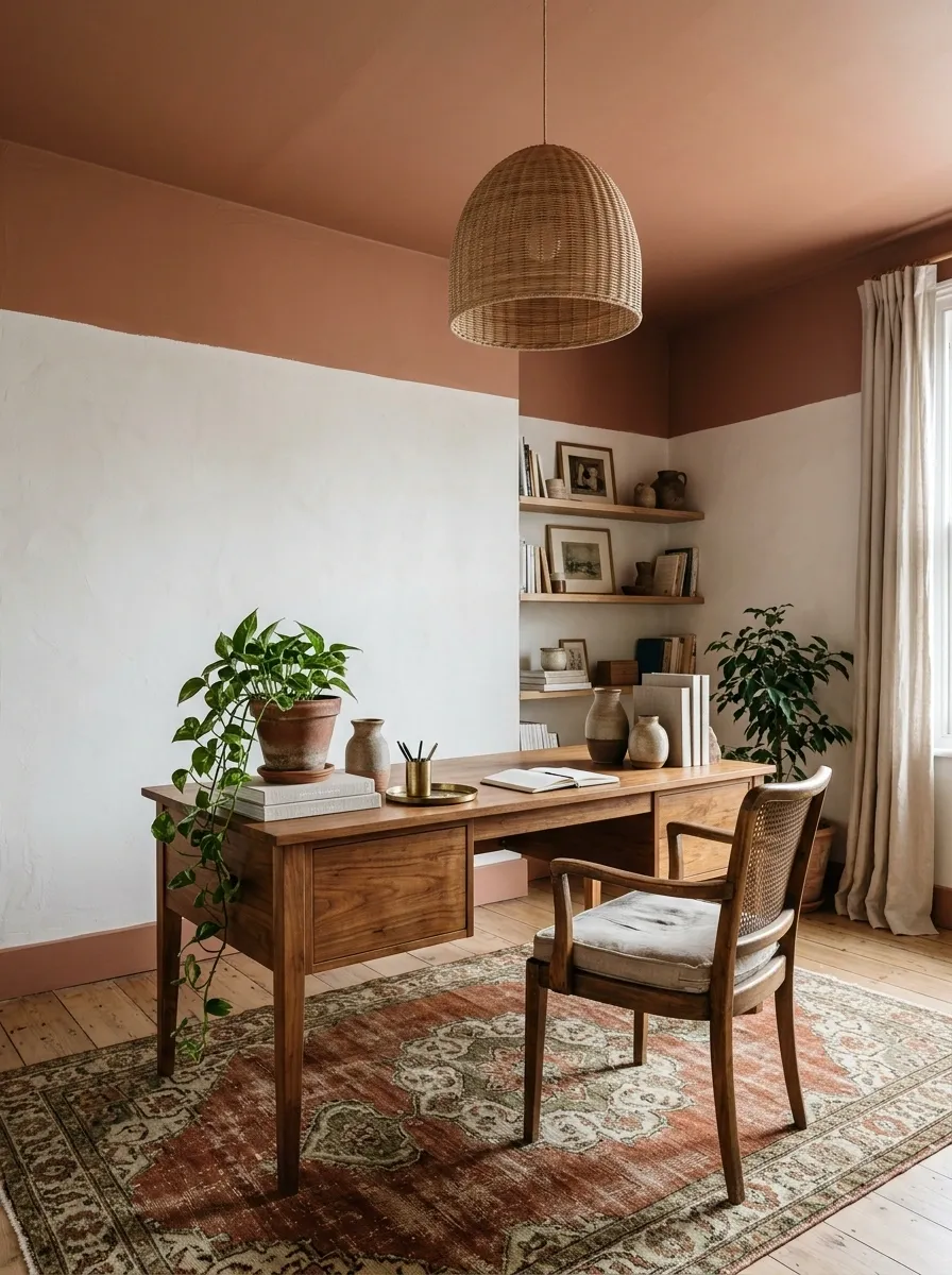 Boho Office With a Painted Ceiling and Warm Timber