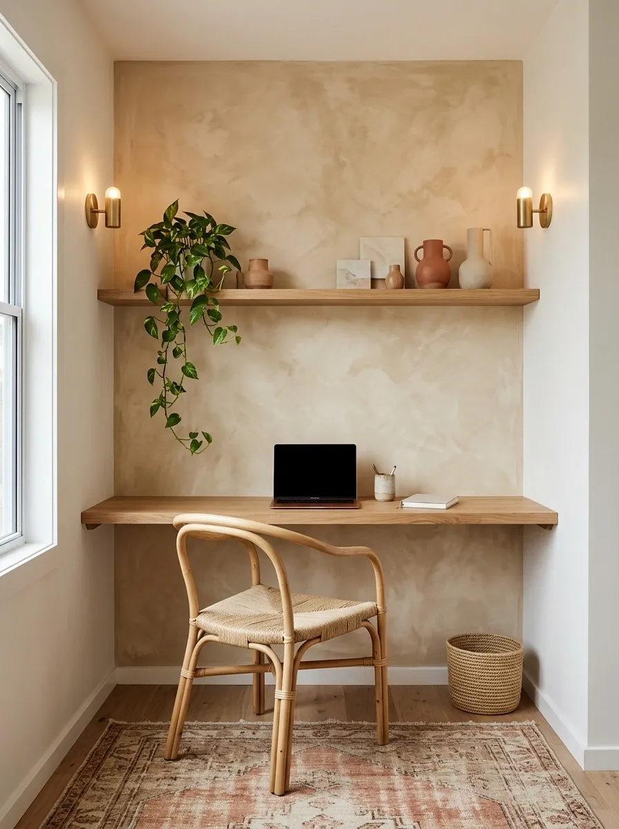 Boho Office With a Textured Accent Wall and Floating Desk