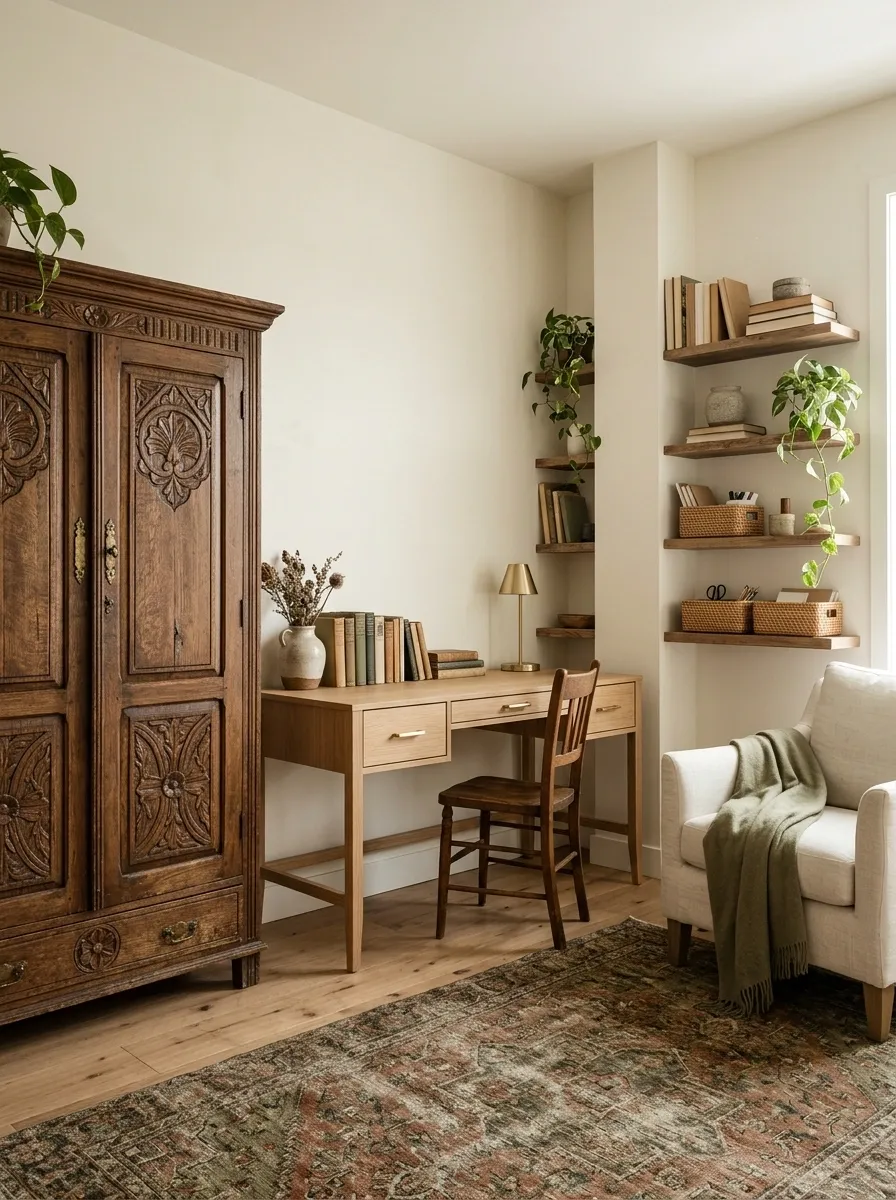 Boho Office With Freestanding Wardrobe Storage