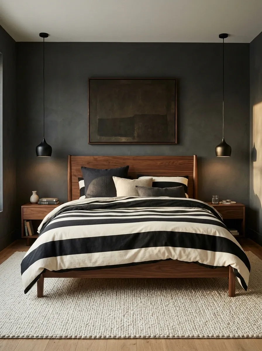 Bold Black and Ivory Stripes in a Dark Modern Bedroom