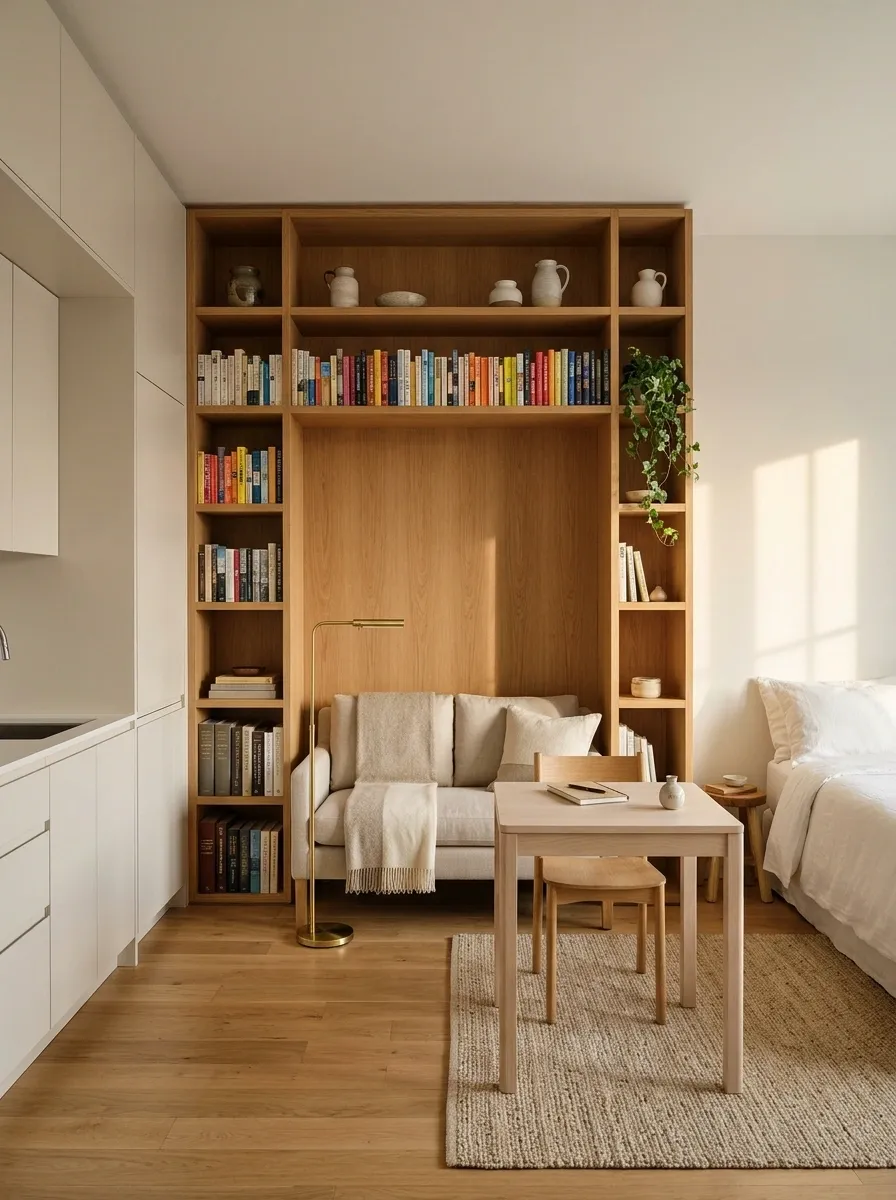 Book-Lined Studio With a Library Wall and Reading Settee