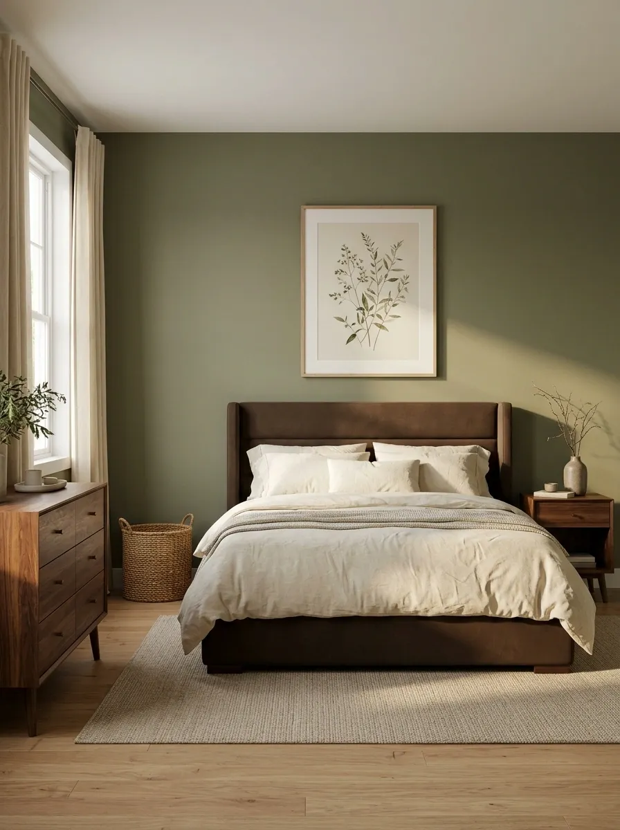 Botanical Bedroom With Chocolate Brown, Olive Green, and Walnut