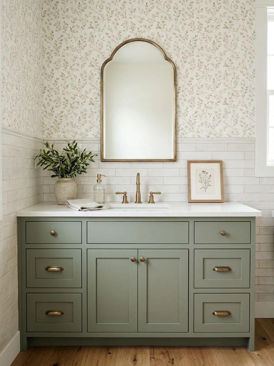 Botanical Cottage Bathroom With Soft Green Cabinetry