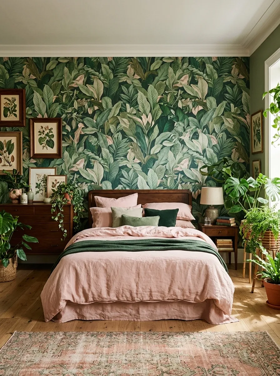 Botanical Maximalist Bedroom With Green and Blush Pink