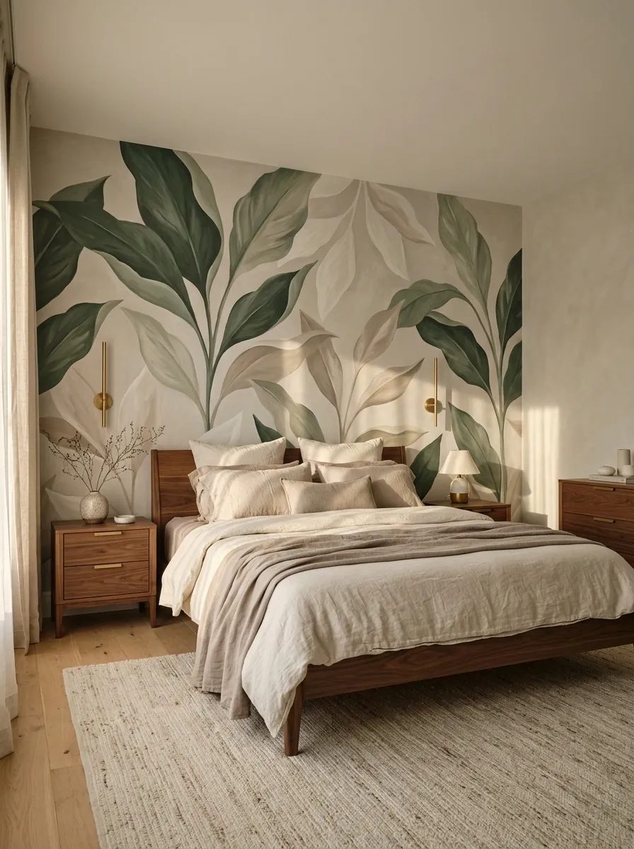 Botanical Mural Bedroom With Walnut Furniture and Warm Linen