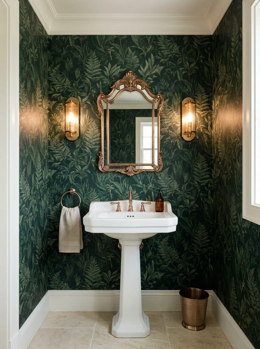 Botanical Powder Room With Forest Green Walls