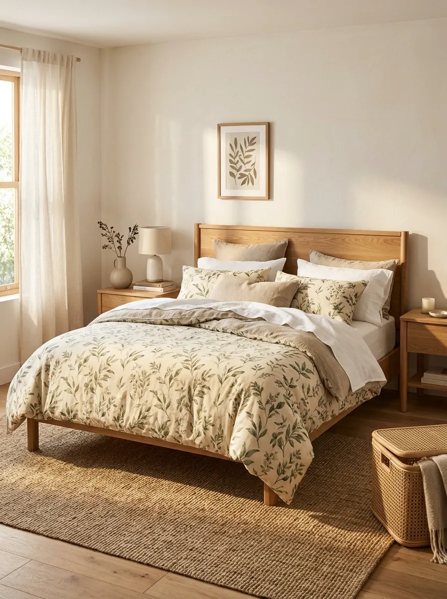 Botanical Print Bedding With Natural Oak and Woven Textures