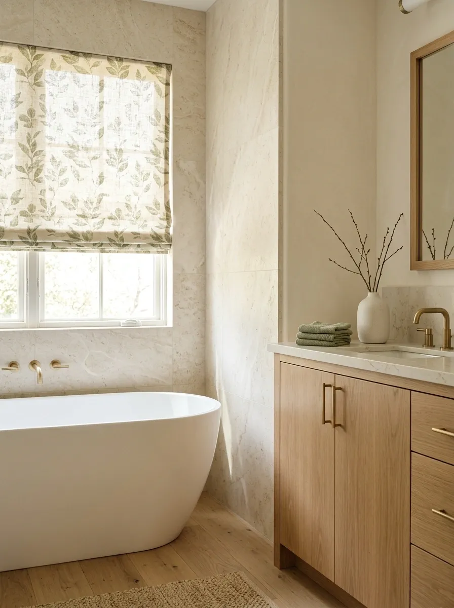 Botanical Roman Shades in a Garden-Inspired Bathroom