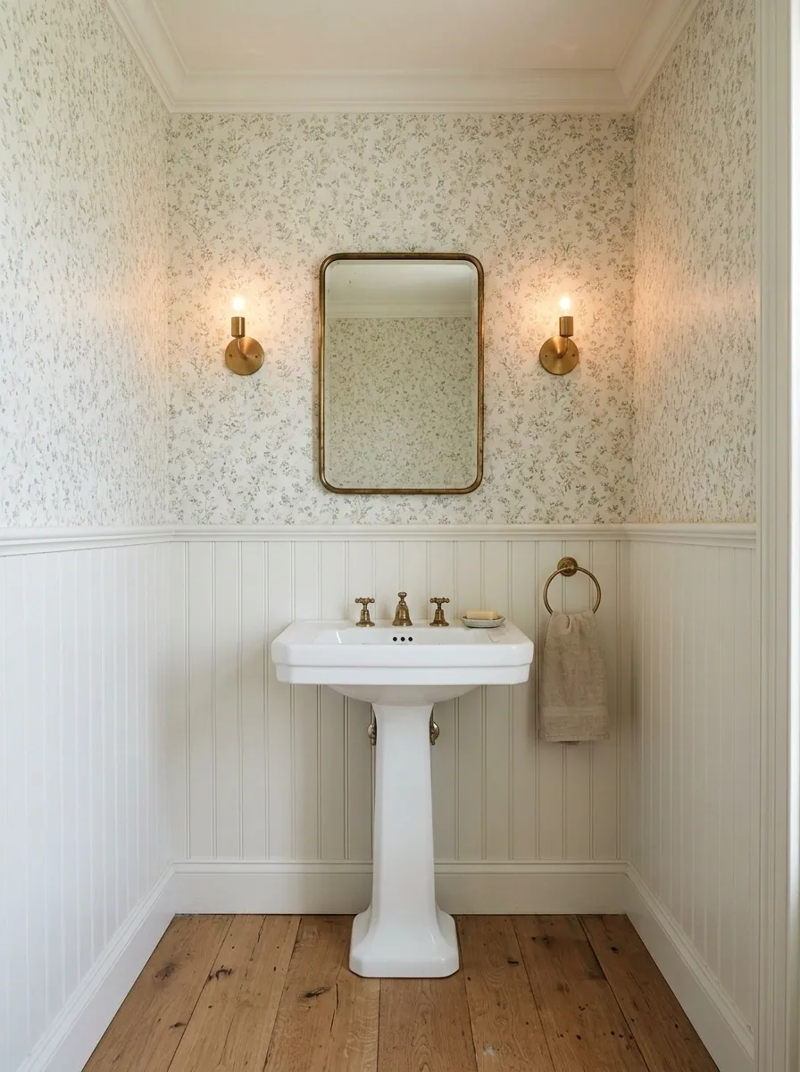 Botanical Wallpaper and Pedestal Sink in a Cottage Powder Room