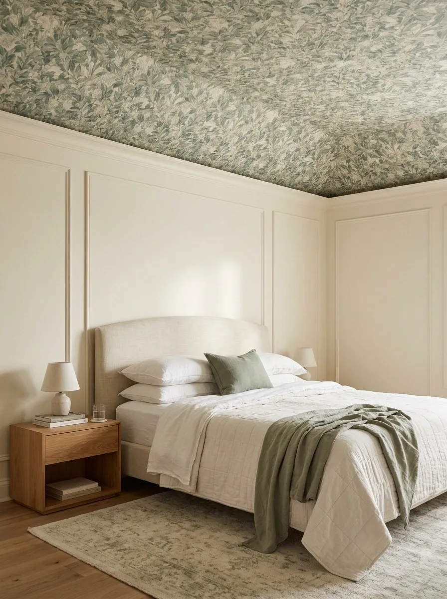 Botanical Wallpaper Ceiling in a Romantic Bedroom