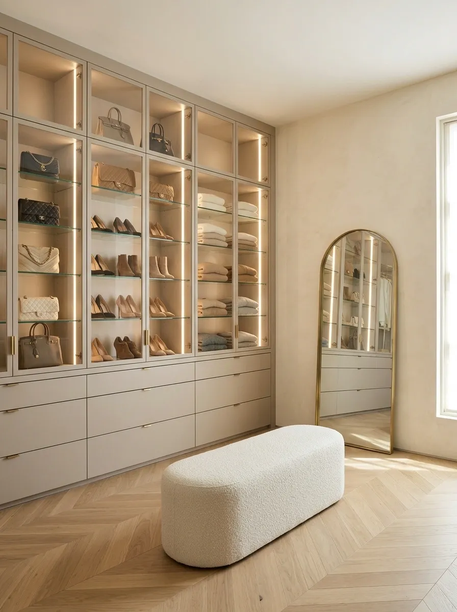 Boutique-Style Closet With Glass-Front Cabinets