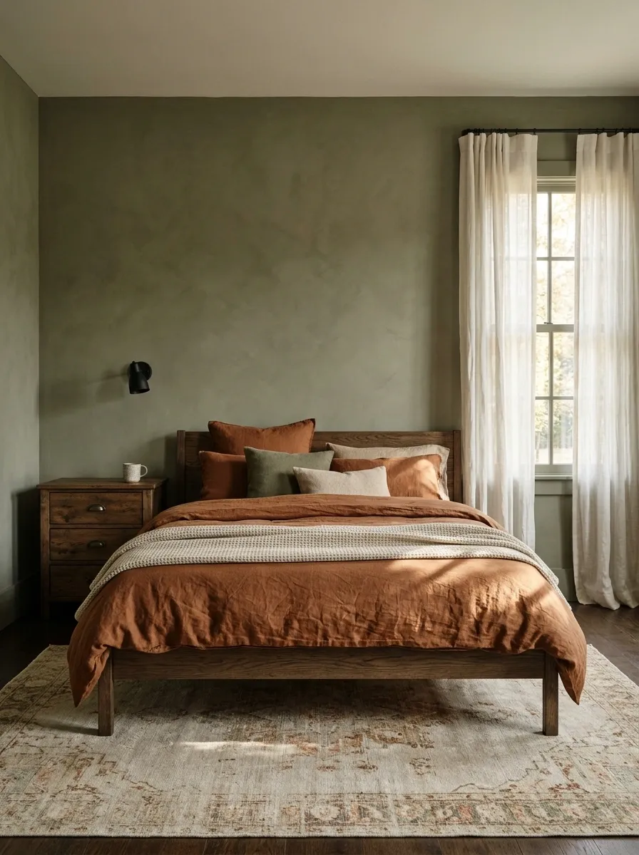 Bracken-Toned Guest Bedroom With Rust Linen and Dark Oak