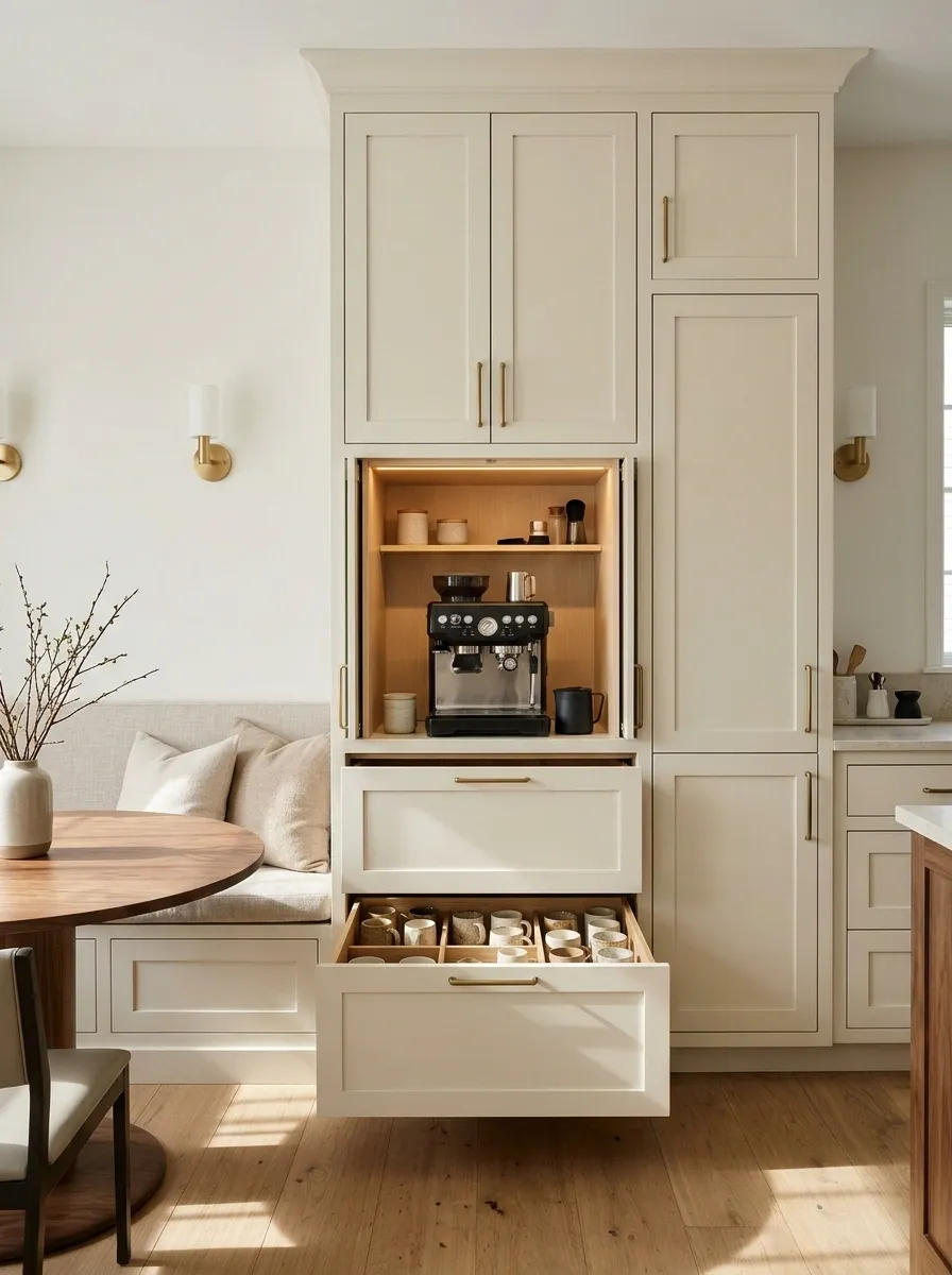 Breakfast Banquette With a Coffee Tower and Pull-Out Mug Drawer