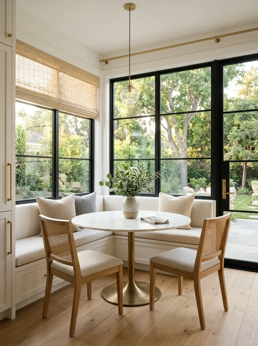 Breakfast Nook With Wraparound Windows and Round Pedestal Table