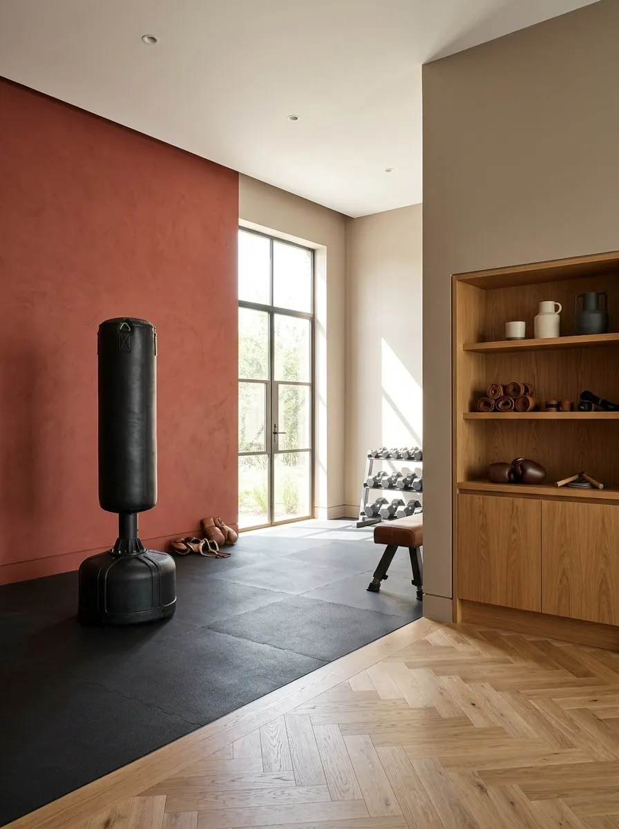 Brick Red Boxing Room With Warm Wood Details