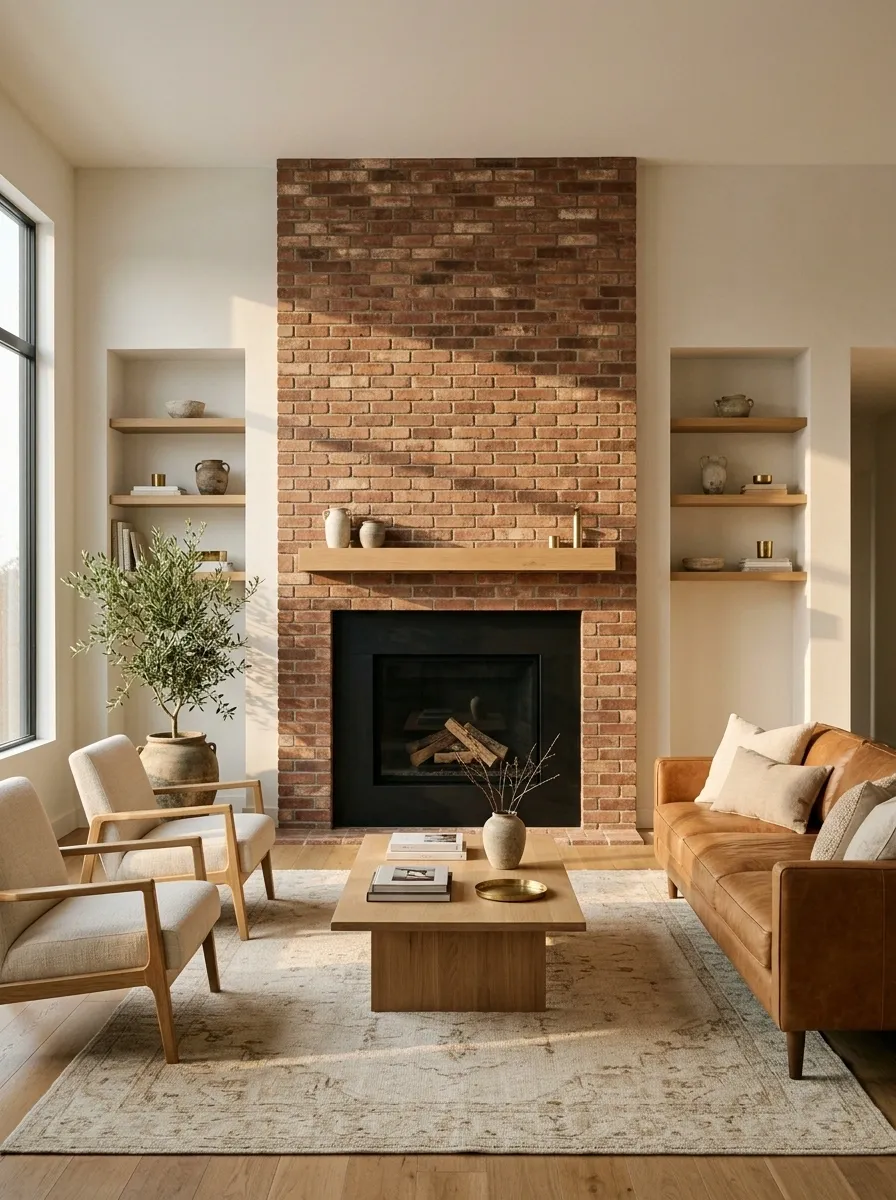 Brick + Soft White Around a Black Fireplace