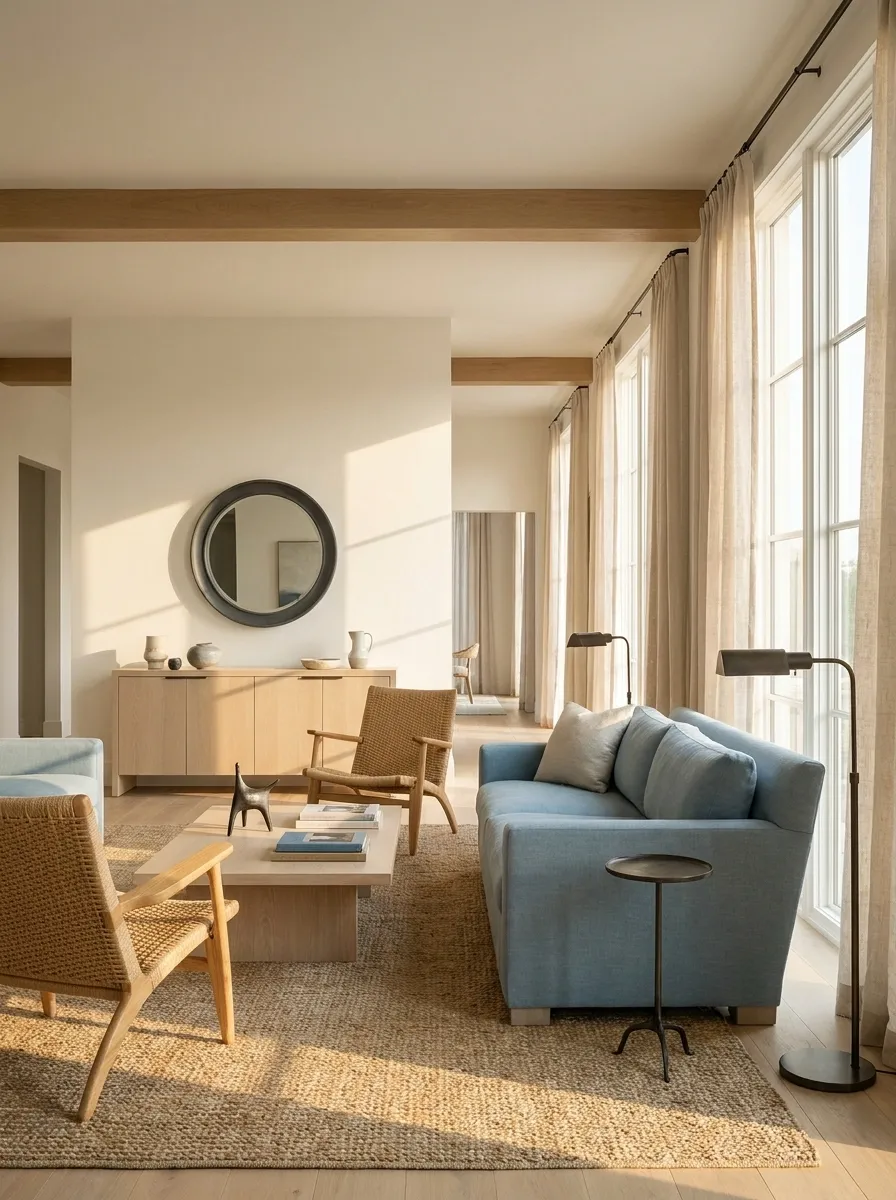 Bright Coastal Living Room With an Uncluttered Center