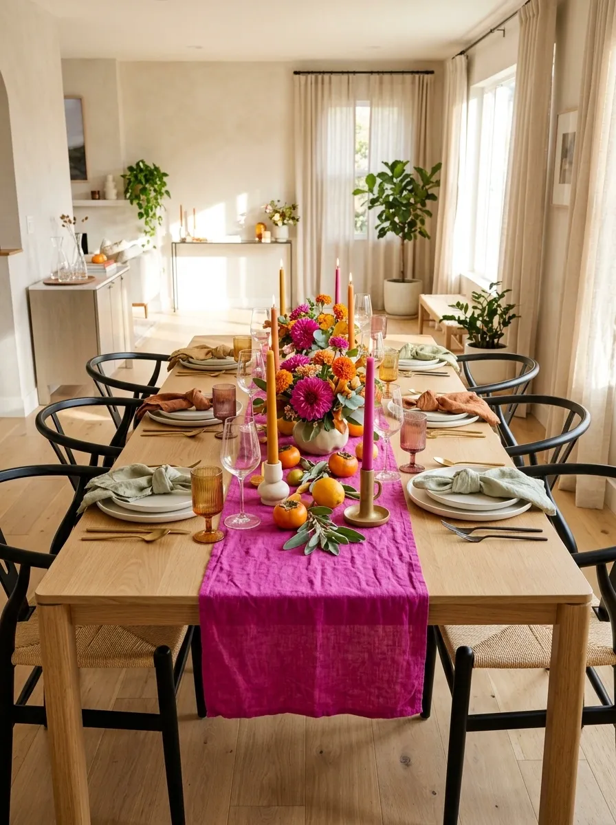 Bright Friendsgiving Table With Magenta, Tangerine, and Playful Glassware