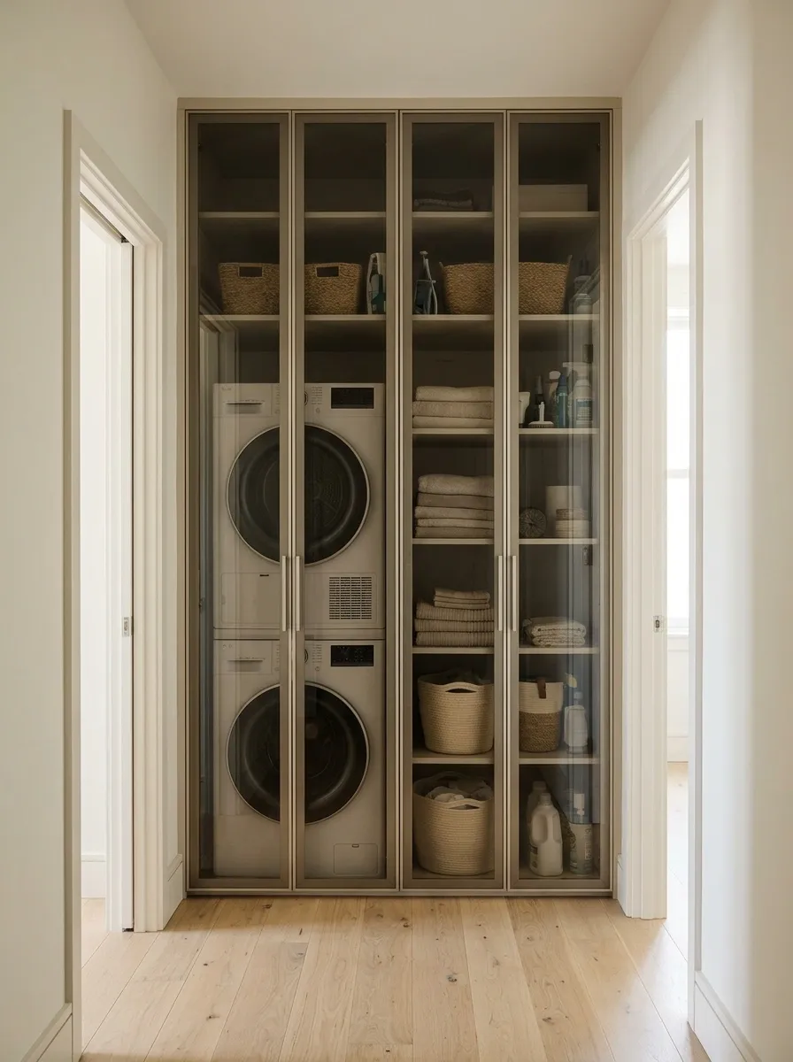 Bright Laundry Closet With Reflective Cabinet Doors