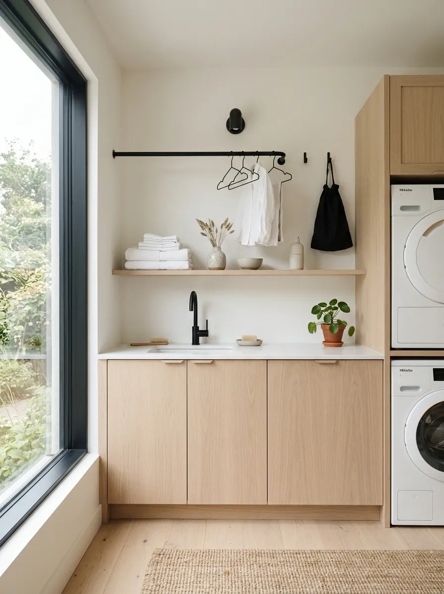 Bright Scandinavian Laundry Room With Black Accents
