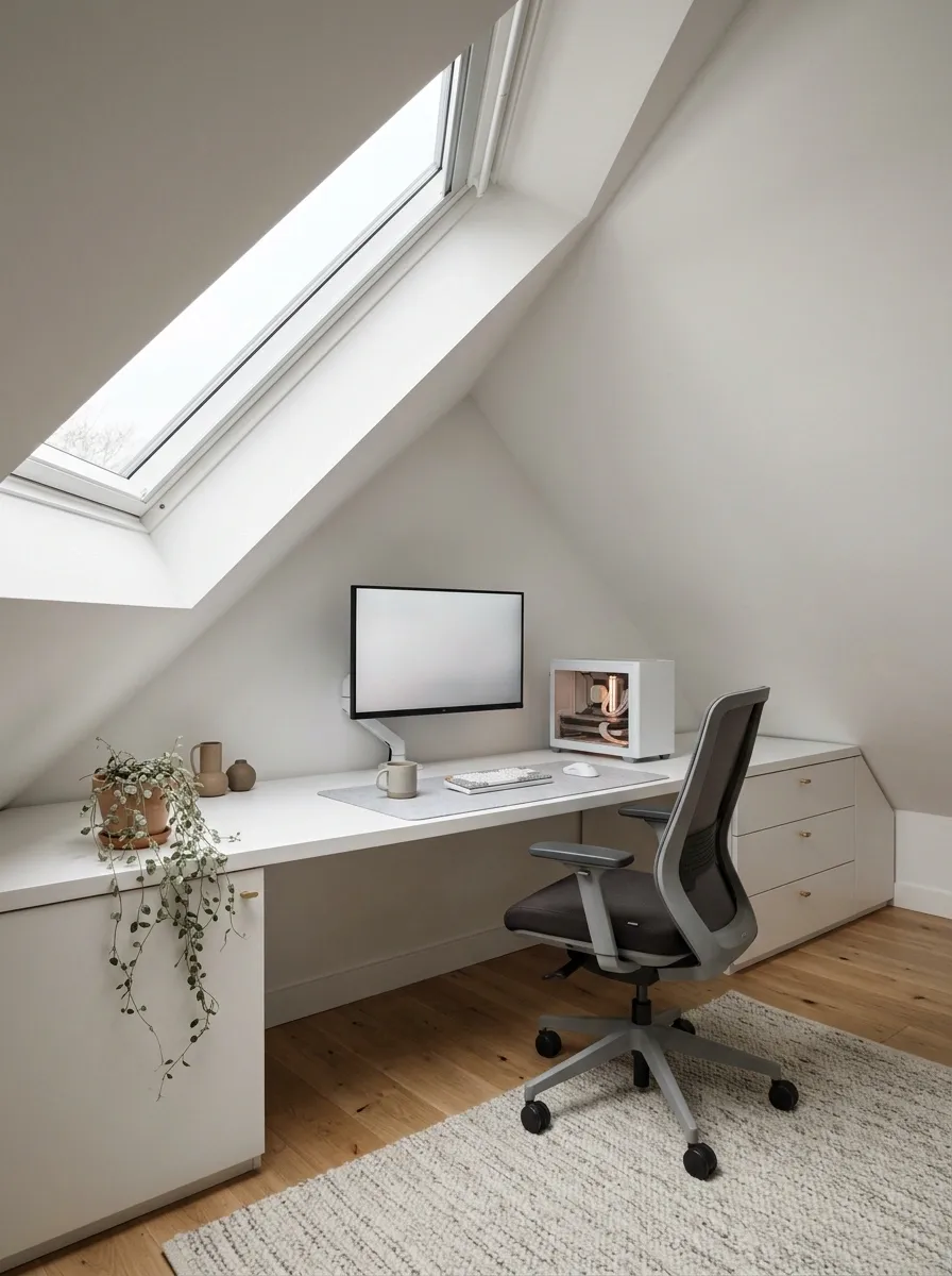Bright White Gaming Setup Under a Sloped Ceiling