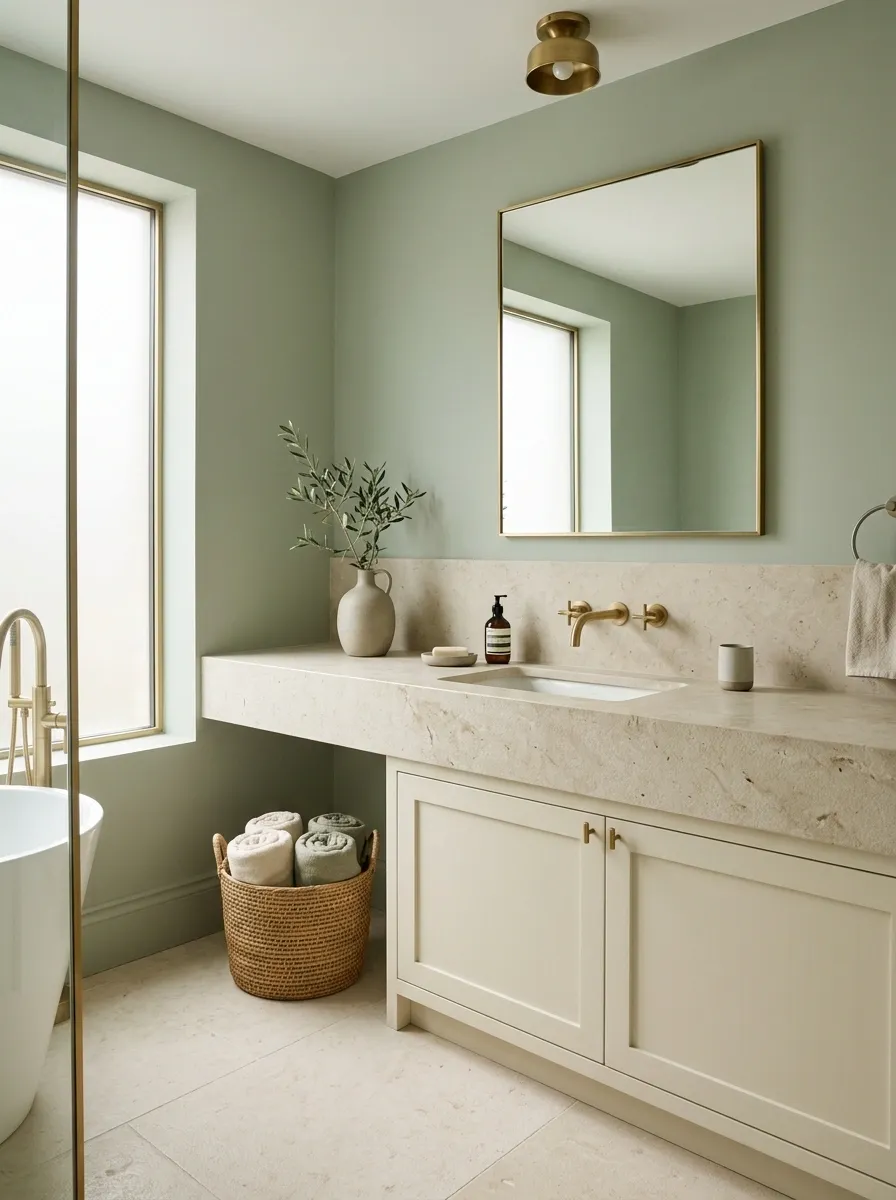 Bring in Natural Stone for an Earthier Sage Bathroom