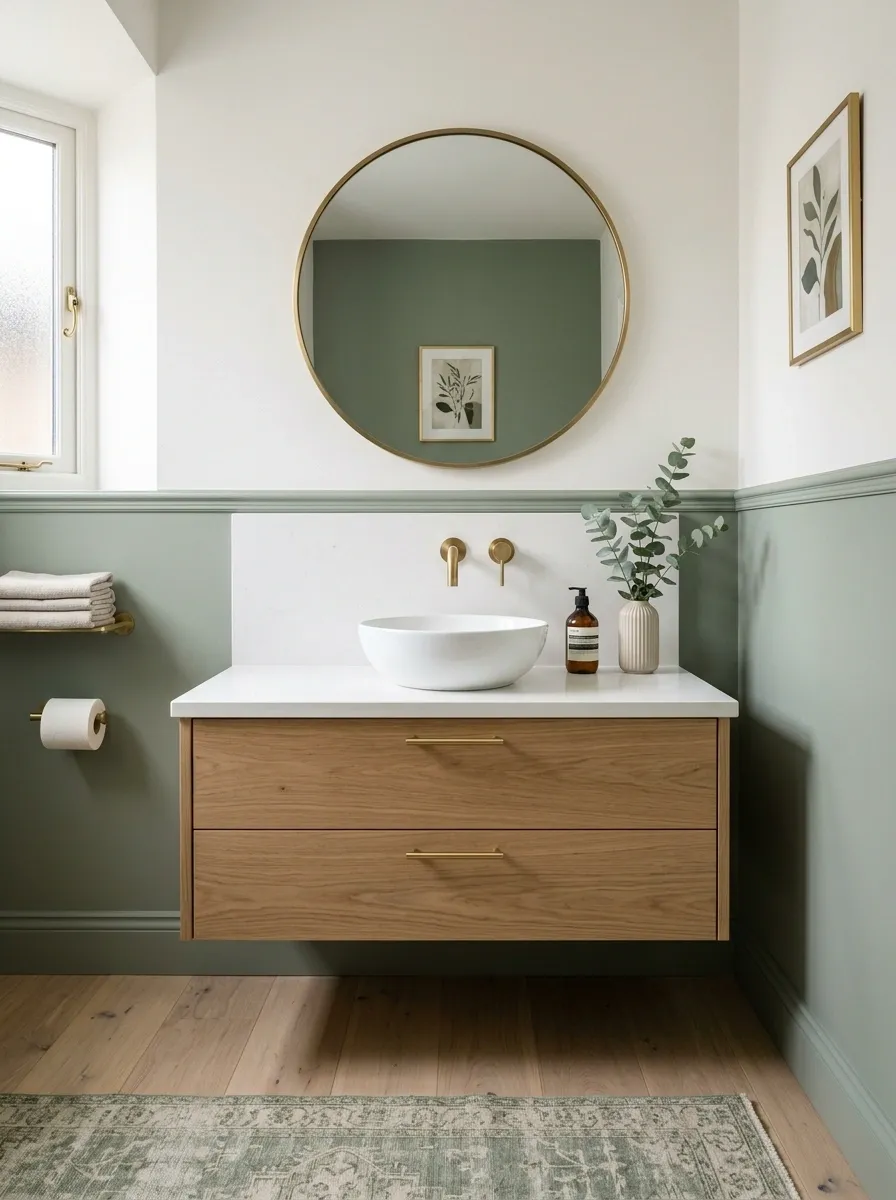 Bring Sage Into a White Bathroom With a Painted Half Wall
