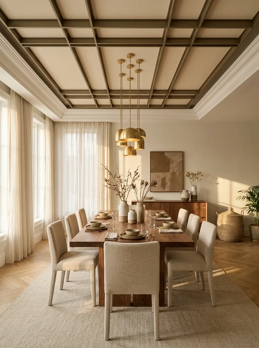 Bronze-Toned Grid With Cream Panels in a Modern Dining Room