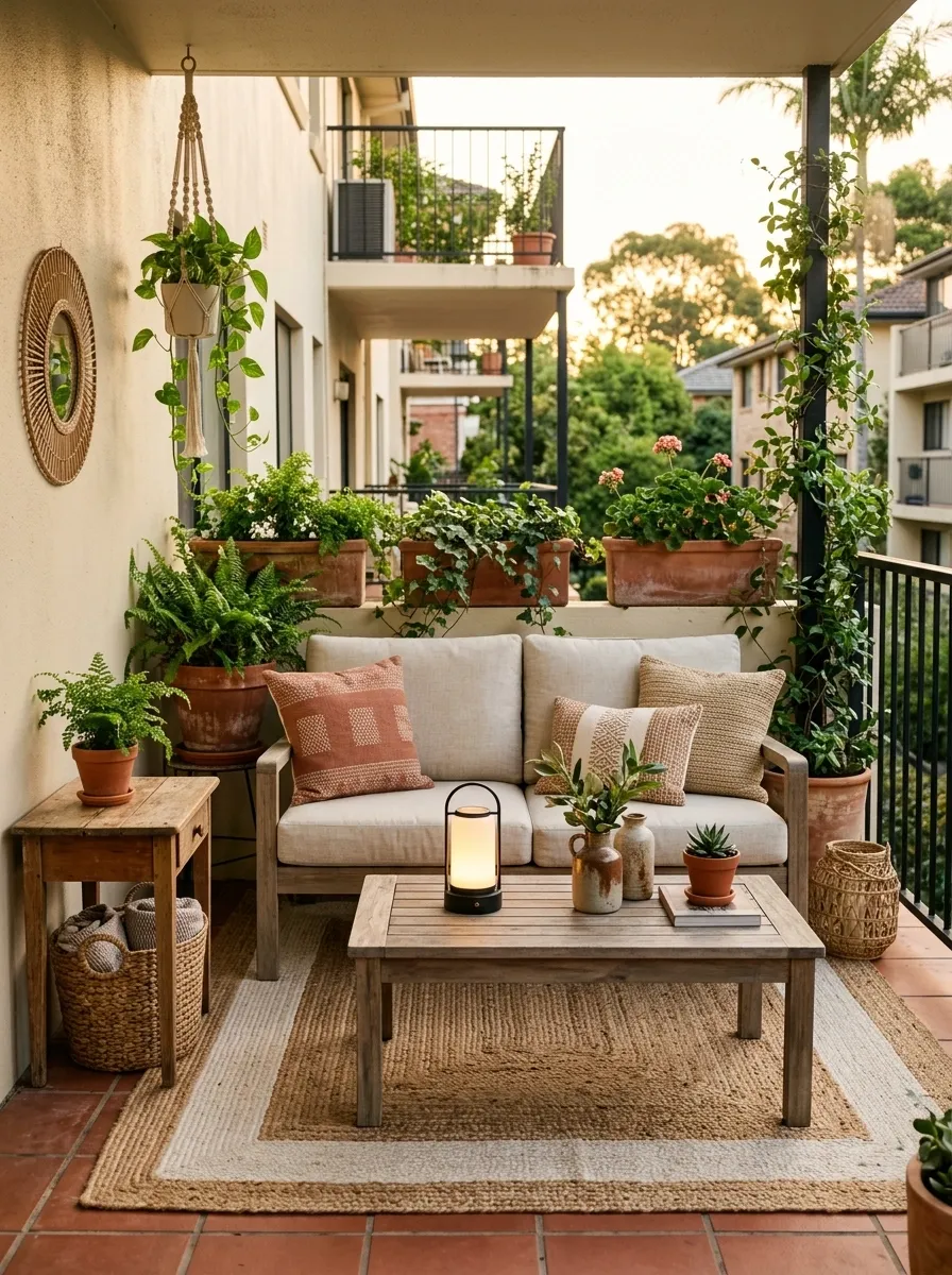 Budget-Conscious Apartment Patio With Layered Thrifted and New Pieces
