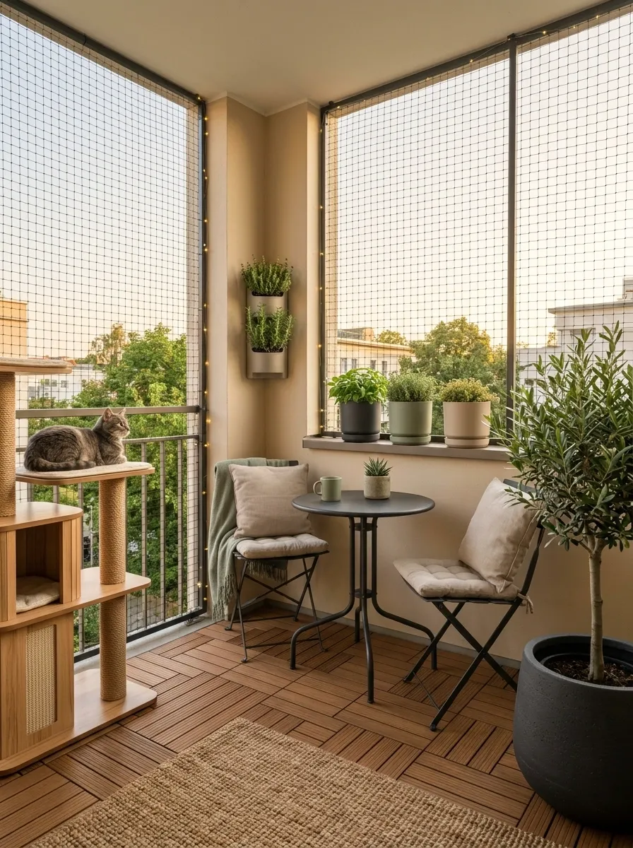 Budget-Friendly Balcony With Simple Cat Zones